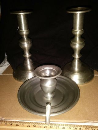 woodbury pewter candle holders plus a candle holding plate pewter also 2