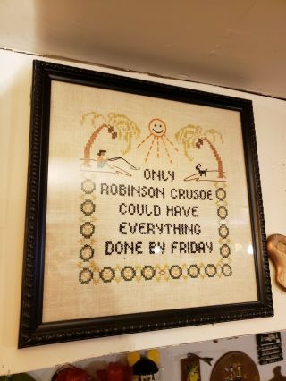 Vintage Style Robinson Crusoe Cross Stitch Sampler Framed