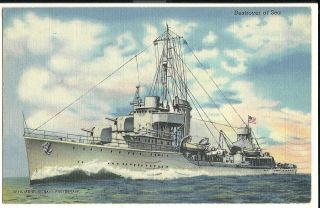 1944 Destroyer At Sea Naval Military Navy Ship Postcard