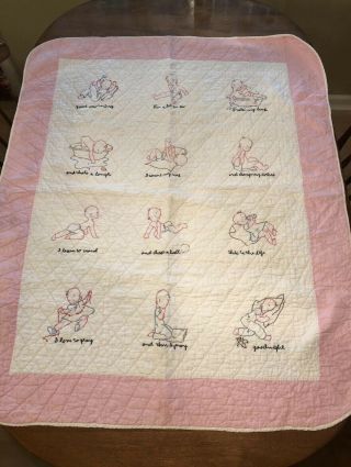 Darling Vintage Hand Embroidered Pink & White “things Babies Do” Baby Quilt