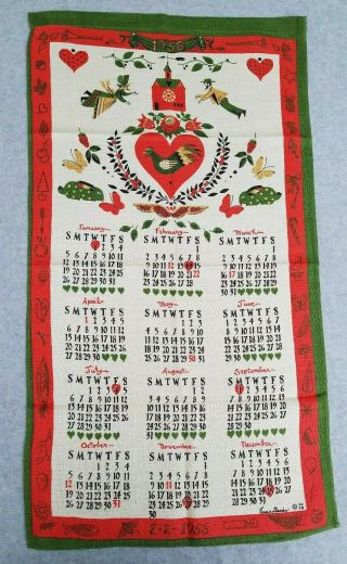Vintage 1958 Calendar Dish Towel Linen Town House Francis Dearden Design Mcm