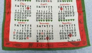 Vintage 1958 Calendar Dish Towel Linen Town House Francis Dearden Design MCM 6