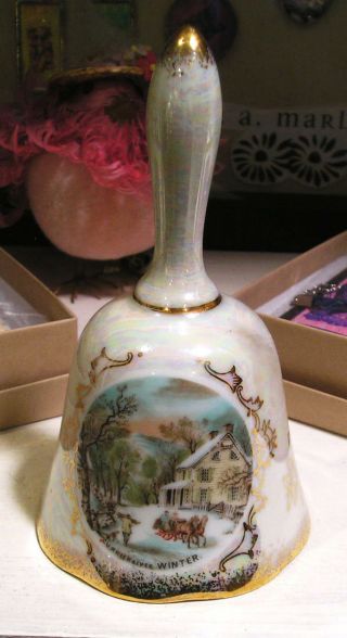 Vintage Currier & Ives Porcelain Bell,  Winter Scene Pearly White & Gold,  Perfect