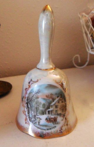 Vintage CURRIER & IVES Porcelain BELL,  Winter Scene Pearly White & Gold,  Perfect 2