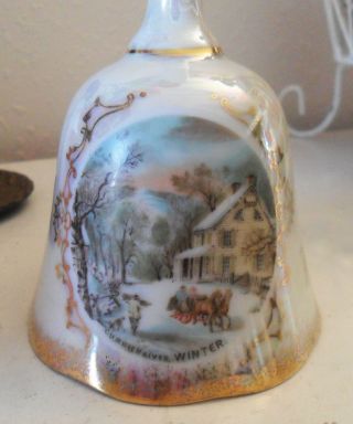 Vintage CURRIER & IVES Porcelain BELL,  Winter Scene Pearly White & Gold,  Perfect 4