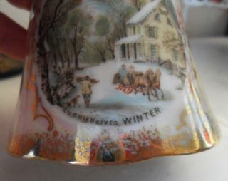 Vintage CURRIER & IVES Porcelain BELL,  Winter Scene Pearly White & Gold,  Perfect 5