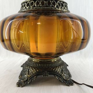 Golden Amber Ribbed Glass & Brass Vintage 28” Mid Century Table Lamp Retro