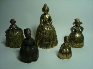 5 Antique,  Vintage Brass Lady Bells,  Dutch Figure Bells.
