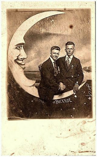 Pre 1930 Rppc Vtg Postcard View 2 Friendly Guys Paper Crescent Moon Studio Photo