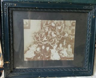 Antique Victorian Framed Family Christmas Photo W/7 Unhappy Children,  Tree
