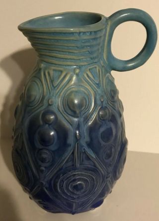 VINTAGE HAND CRAFTED OMBRE BLUE CERAMIC FOOTED PITCHER 2