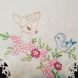 Hand Embroidered Bambi Baby Deer Dresser Scarf Table Runner Crochet Trim - O