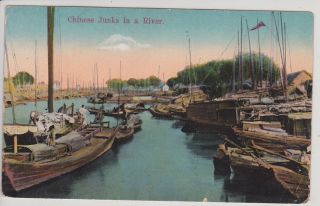 Shanghai,  China.  Chinese Junks In A River.  Vintage Postcard