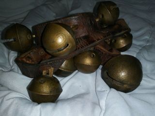 13 Antique Rare Fluted Brass Horse cow Sleigh Bells Leather on collar Reindeer 2
