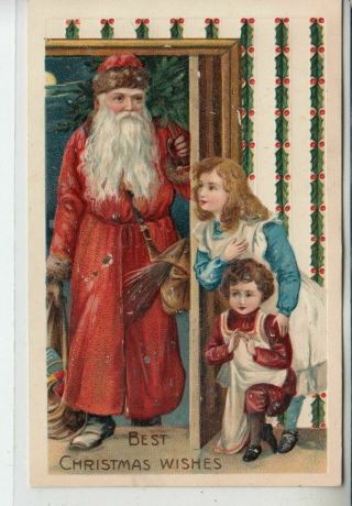 Old Long Red Robe Santa Claus With Children Antique Christmas Postcard - K220