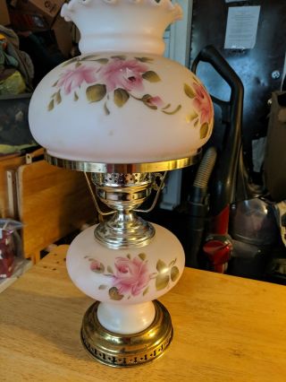 Vtg.  Victorian Hurricane Lamp - 16 " Milk Glass Raised Roses - Painted Roses