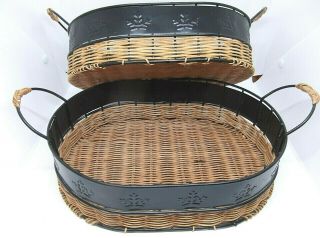 2 Wicker Rattan And Metal Oval Basket With Black Embossed Metal Trim Handles