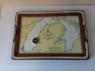 Vintage Nautical Map Lake Michigan And Lake Huron Wood Serving Tray