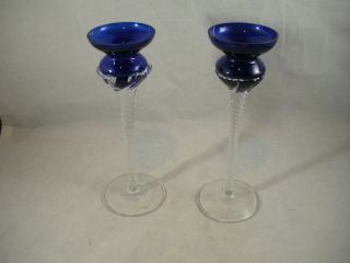 Two Vintage Cobalt Blue Glass Candlestick Candle Holder