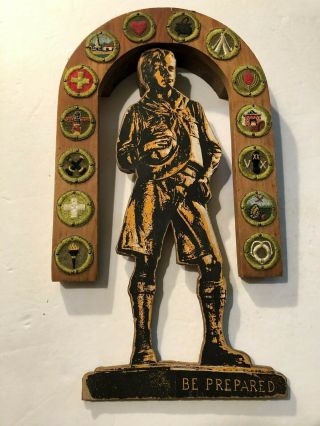1940 ' s BSA Boy Scouts of America Folk Art Wood Plaque w/ Patches - Candle Holder 2