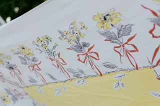 Vintage 50 " Square Tablecloth,  1950s Floral Yellow And Gray,  Mcm Kitchen