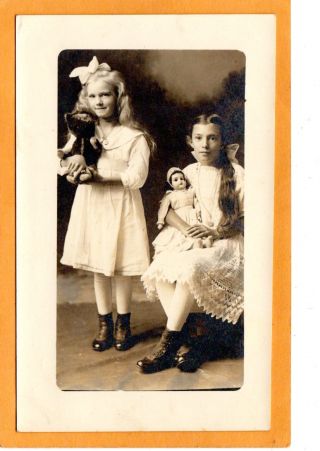 Studio Real Photo Postcard Rppc - Two Girls With Teddy Bear And Doll