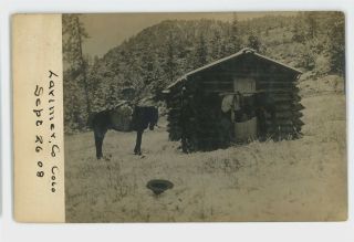 Rppc Pioneer Era Log Cabin Cowboy Snow Larimer Co Real Photo Postcard