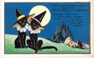 Whitney Halloween Black Cats In Black Hats Blue Background Unposted 1910