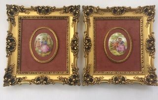 (2) Vintage Ornate Gold Framed Matted Limoges Porcelain Signed Fragonard