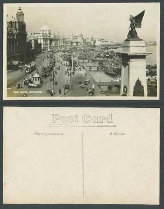 China Old Real Photo Postcard The Bund Shanghai Street Scene Tram & Angel Statue