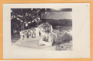Real Photo Postcard Rppc - Boy With Small Creche And Decorated Christmas Tree