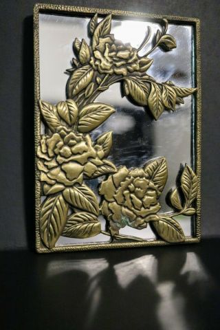 Vintage Small Brass Art Framed Flower Mirror Hangable Floral