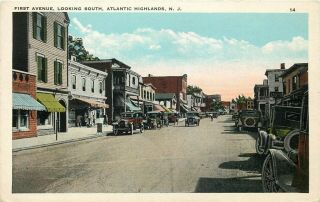 Jersey Postcard: Cars Shops First Ave.  Looking South,  Atlantic Highlands,  Nj
