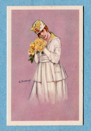 A2431 Postcard Zandrino Woman In White Hat And Coat Holding Yellow Roses