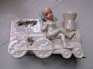 Vintage Planter Pixie On A Train White Luster Holiday Shabby Collectible