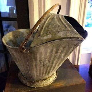 Vintage Galvanized Metal Ash Coal Scuttle Bucket W Copper Handle Rustic