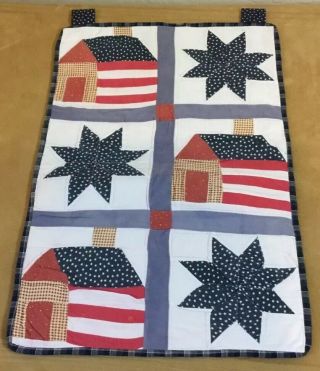 Patchwork Country Quilt Wall Hanging,  Schoolhouse,  Star,  Red,  White,  Navy Blue