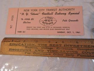 Rare 1960 York Titans Jets Nfl Football Polo Grounds Nyc Subway Nycta Ticket