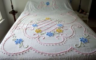 Vintage 1950s Chenille Bedspread Cutter 7 Colors Full Size Florals
