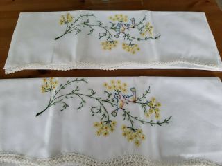 Vintage Hand Embroidered Pillow Cases Bluebirds Yellow Flower White Crochet Edge