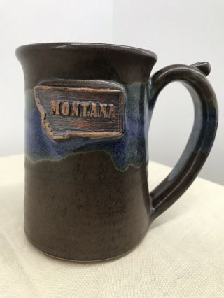 Montana Coffee Mug Pottery Stonware Handmade Signed Brown Blue 3d