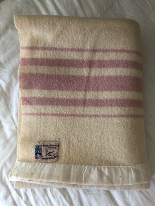 Vintage Kenwood Moorland Virgin Wool Twin Blanket Pink Striped Ivory Cream 1