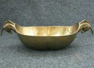 Vintage Solid Brass Bowl Dish Unicorn Head Handles Unique Scare Made In India