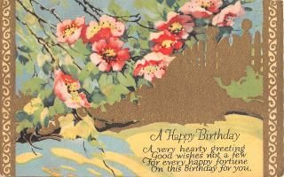 Old Art Deco Birthday Postcard Of Pretty Pink Wild Roses