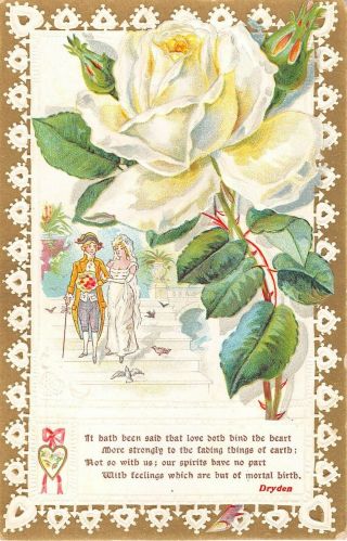 Colonial Bride & Groom By Gorgeous White Rose & Quote By Dryden - Old Postcard