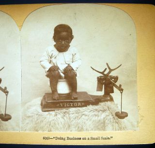 Antique Photo Stereoview Card Black Americana Boy On Old Victor Scale Humorous