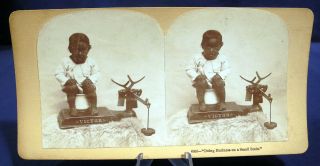 Antique Photo Stereoview Card Black Americana Boy on Old Victor Scale Humorous 2