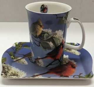 Ashdene Fine Bone China Coffee Mug Tea Cup With Cardinal Birds & Matching Tray