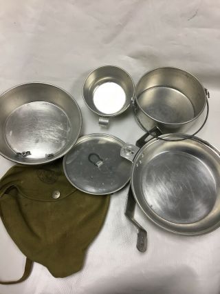 Vintage Boy Scouts Of America Mess Kit Aluminum Complete With Bag Hike Camp Bsa