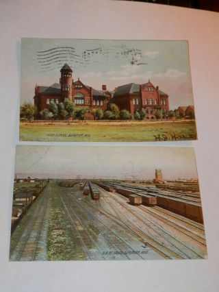 Superior Wi - 2 Rare Old Postcards - High School - Great Northern Railroad Yards